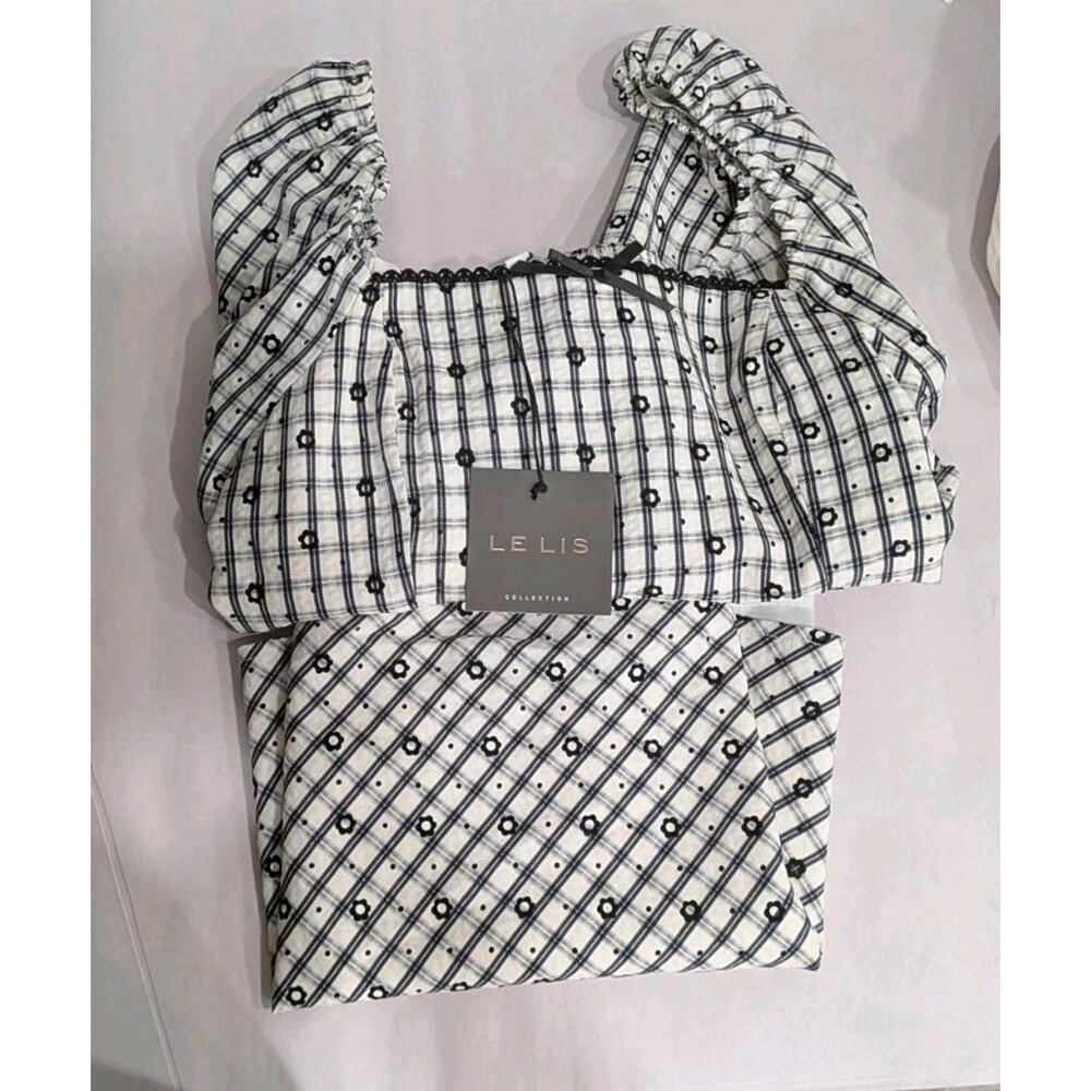 LE LIS Two Piece Set Plaid Smocked Puff Sleeve Crop Top Mini Skirt Large Boho
